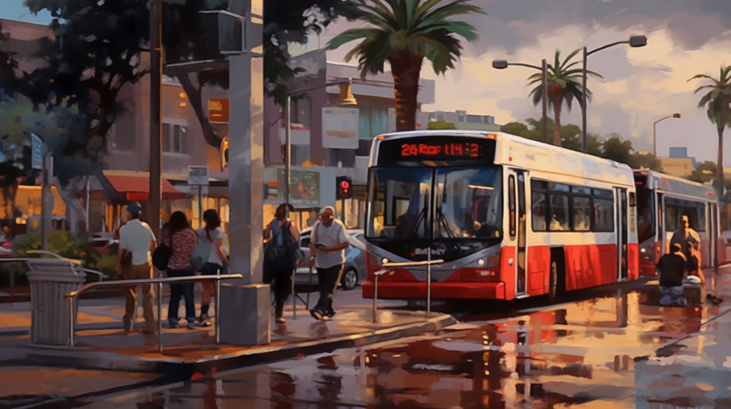 A Watercolor of a Bus Stop Scene in San Diego
