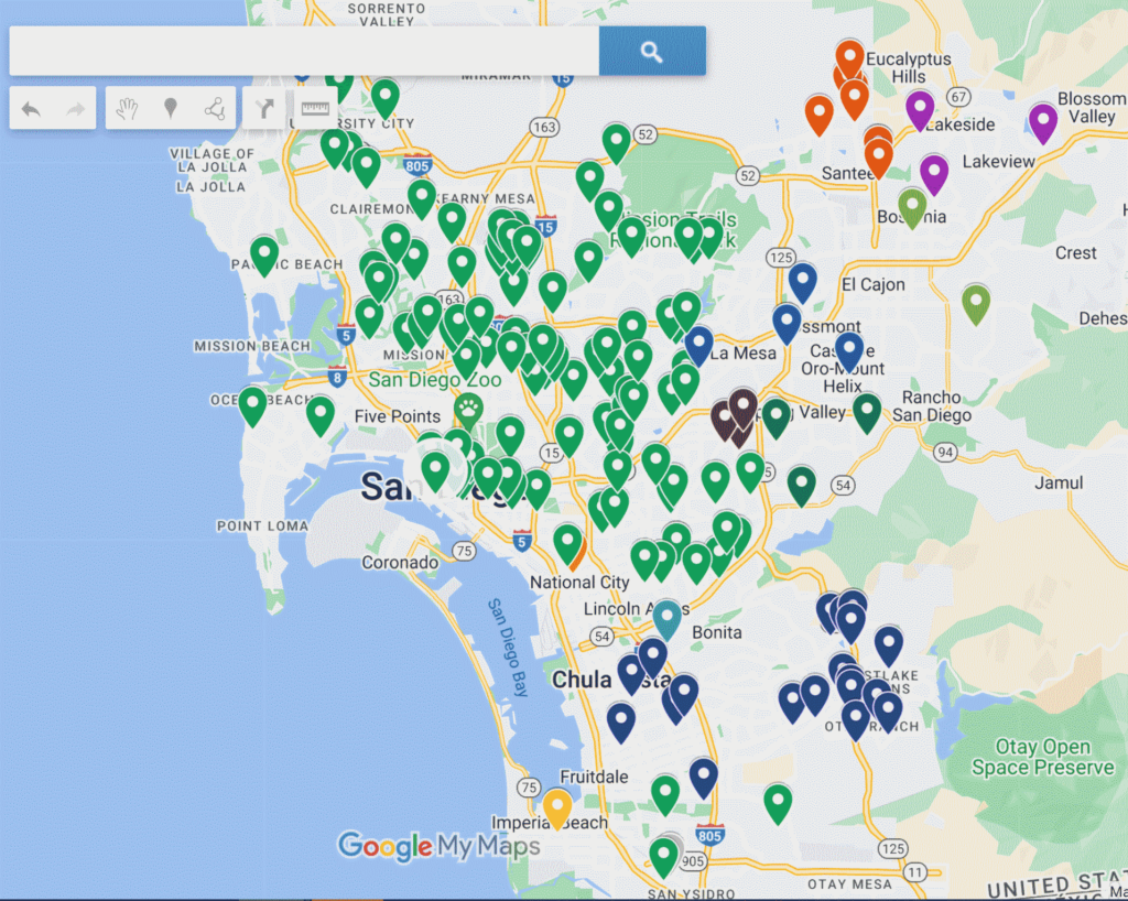 A selection of homes sold by Jeremy Katz & San Diego House Hunting Pinpointed on a map of San Diego