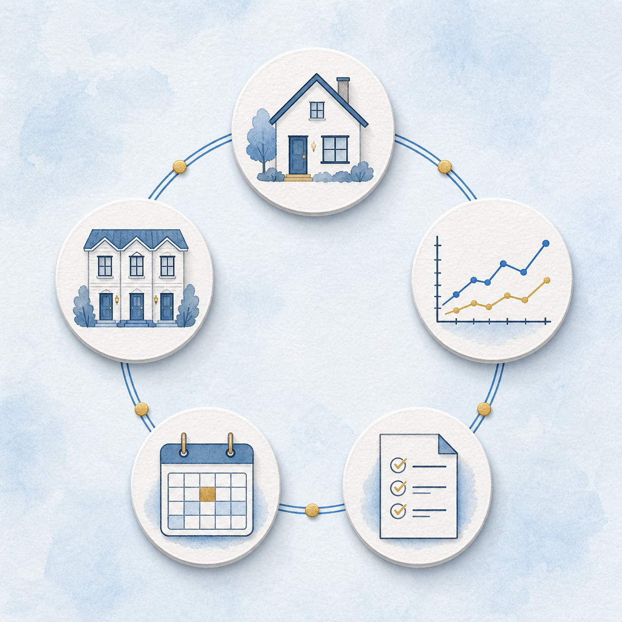 Watercolor illustration of connected circles for a detached home, attached homes, a market comparison chart, a calendar, and a checklist.