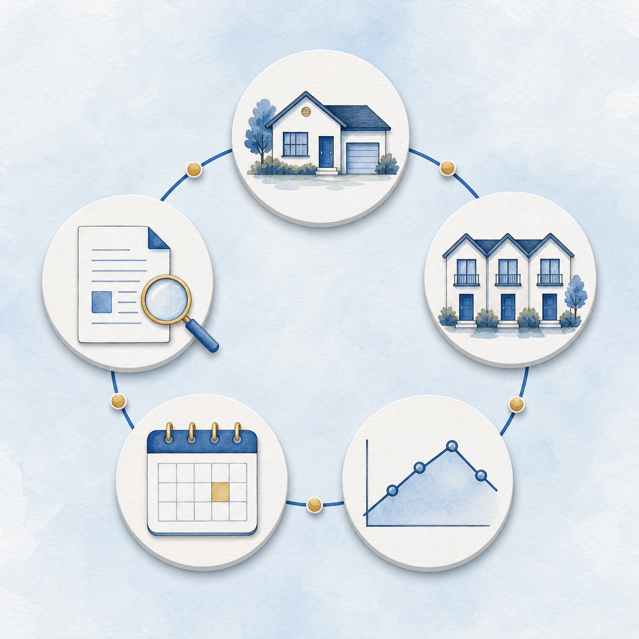 Watercolor illustration of connected circles for a detached home, townhomes, a market chart, a calendar, and a document review.