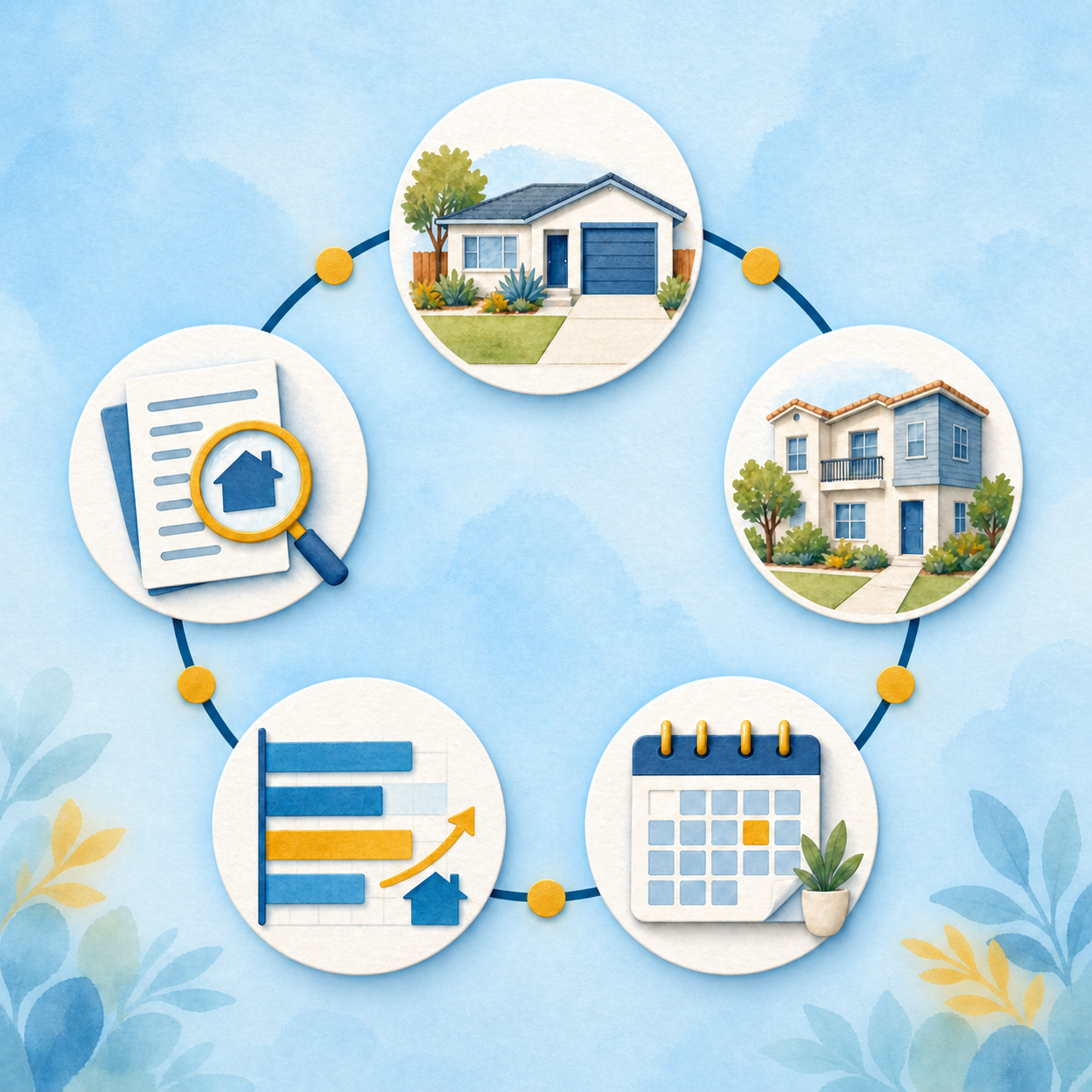 Watercolor illustration of connected circles for a detached home, townhomes, a market chart, a calendar, and a document review.