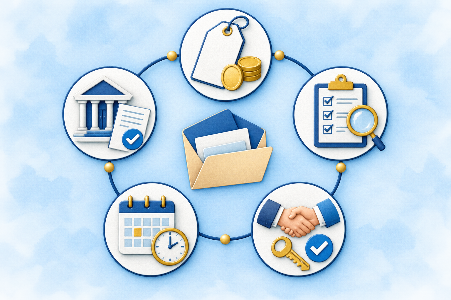 Watercolor diagram of five connected offer considerations: a price tag and coins, financing approval, a contingency checklist, a calendar and clock, and a handshake with key and check mark.