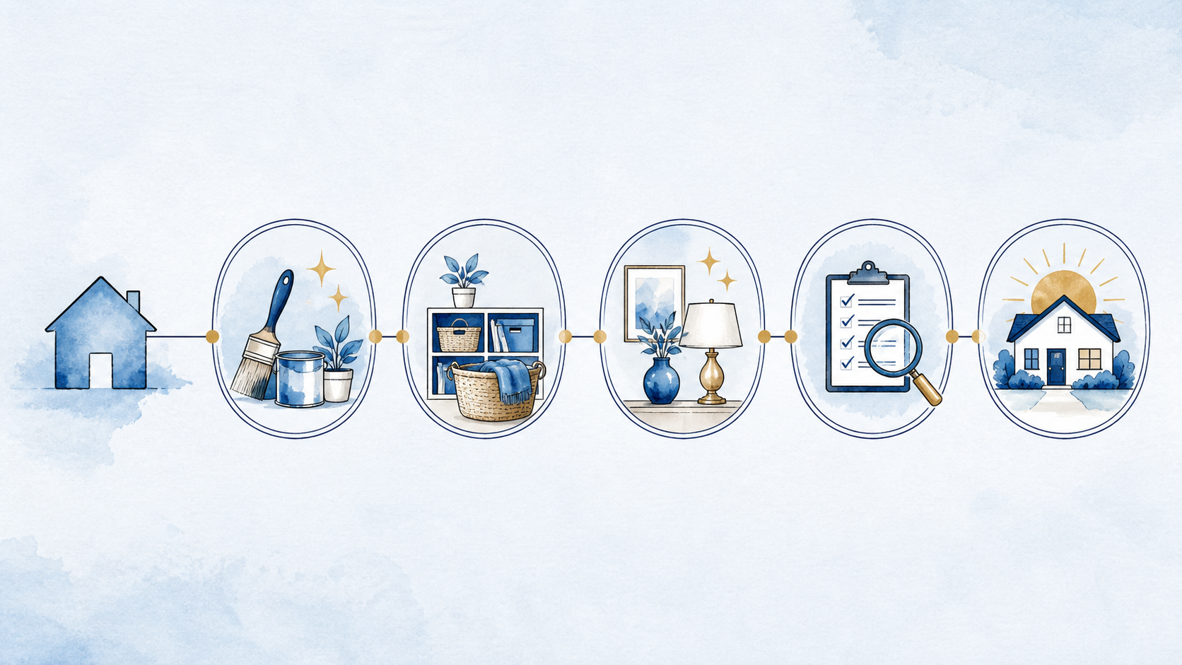 Watercolor illustration of a five-stage home-preparation timeline from maintenance through market readiness.