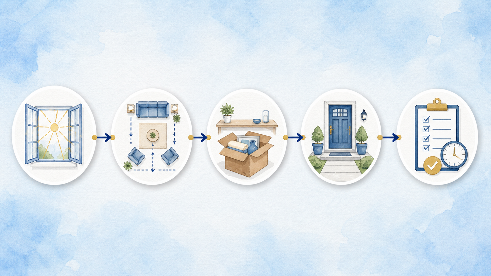 Watercolor flow diagram with arrows linking light through an open window, room layout, prepacking, entry presentation, and a showing-day checklist with clock.