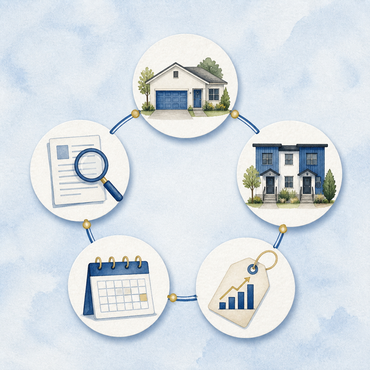 Watercolor illustration of connected circles for a detached home, townhomes, a market tag, a calendar, and a document review.
