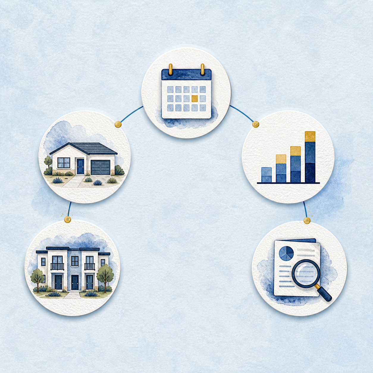 Watercolor illustration of connected circles for a detached home, townhomes, a market chart, a calendar, and a document review.